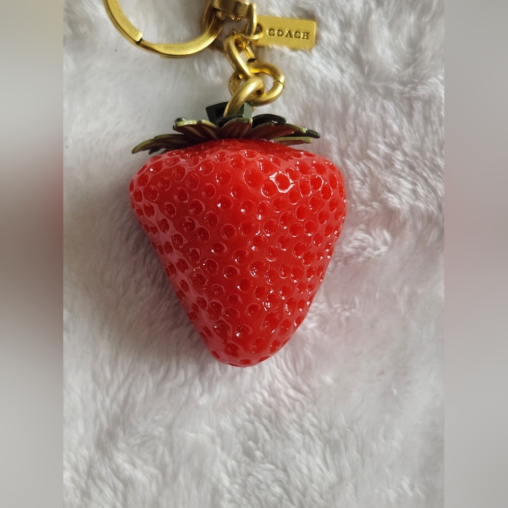 Red Strawberry Keychain with Gold Hardware Luxury Logo Bag Charm - Picture 2 of 8